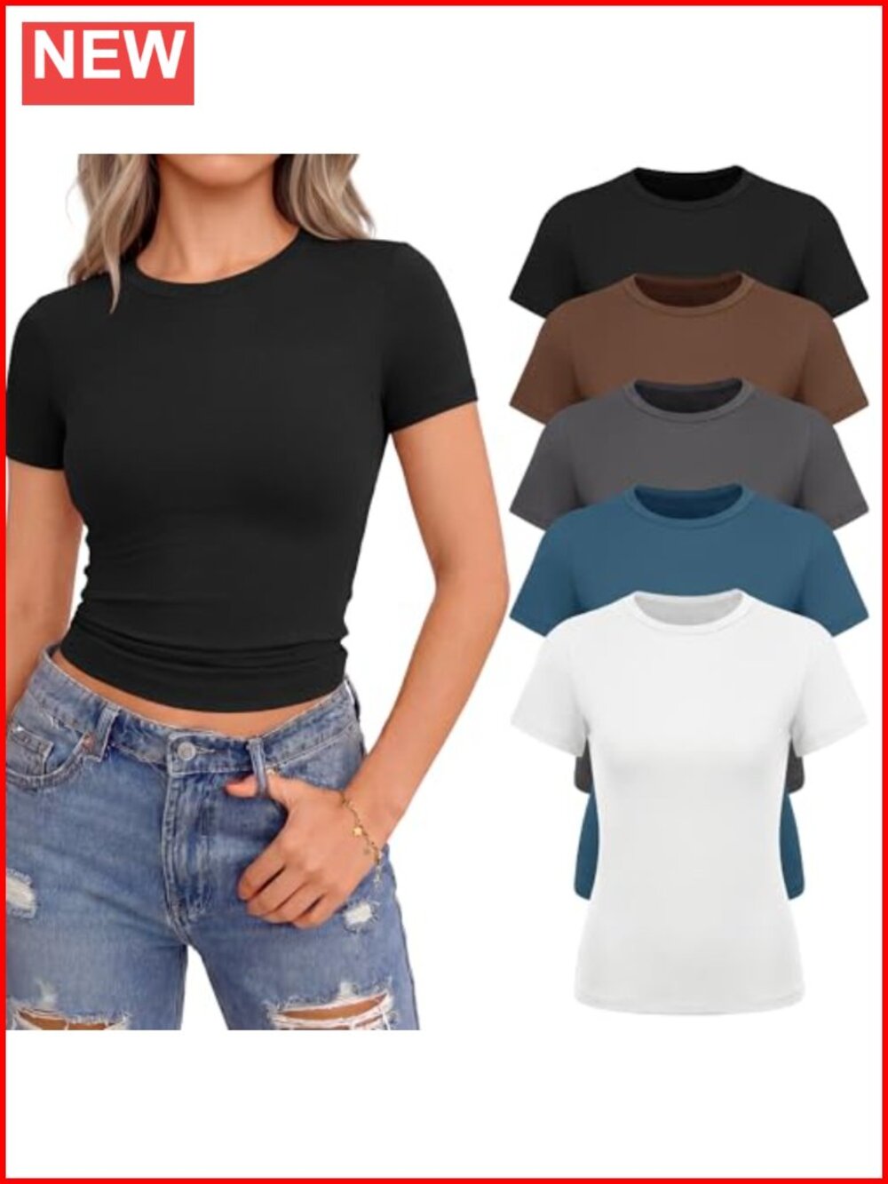 5 Pack Women's Short Sleeve Crop Tops Slim Fit Crew Neck Basic Tees